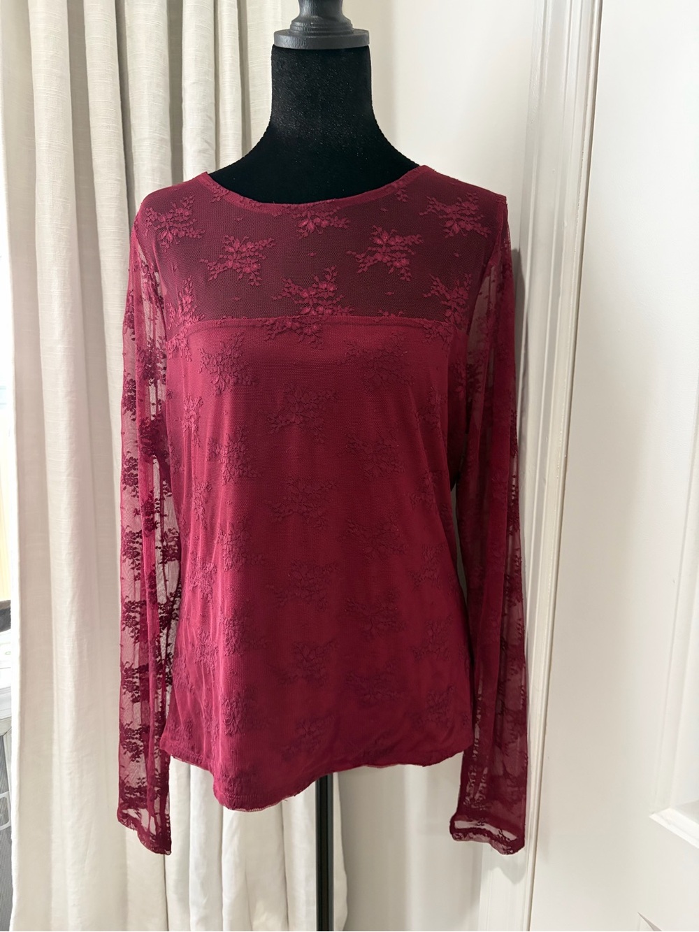 J. Crew Burgundy Lace-Overlay Long Sleeve Top